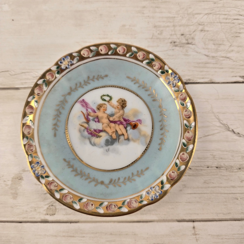 Lenwile-Ardalt Antique Cherub Porcelain Ring Dish Blue Gold Gilt Scalloped 6157